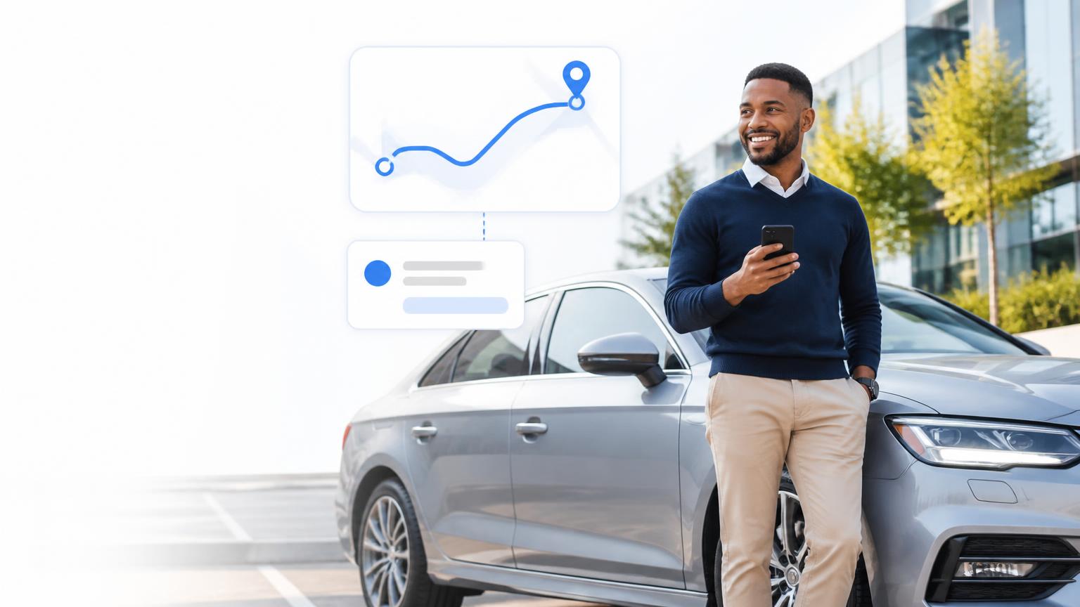 A travelling sales professional beside his car checking trips on his phone
