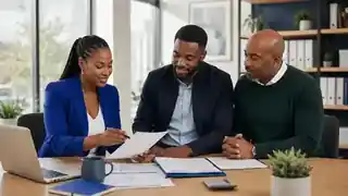 Professionals reviewing organised tax records together at a meeting table