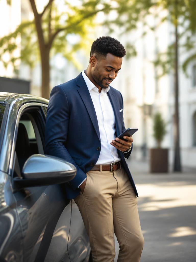 A travelling professional beside his car logging a business trip on his phone