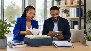 Professionals organising receipts, folders and supporting records in a modern office